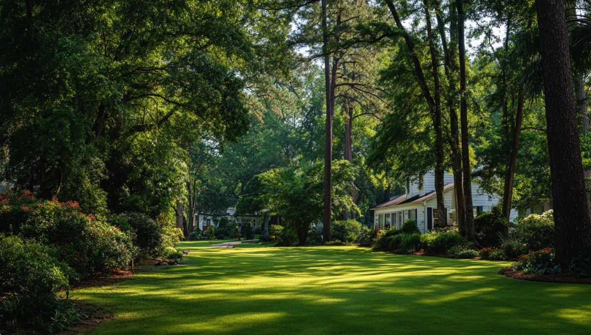 A lush, well-maintained lawn shaded by mature trees, typical of landscaped yards in the Valdosta, GA area